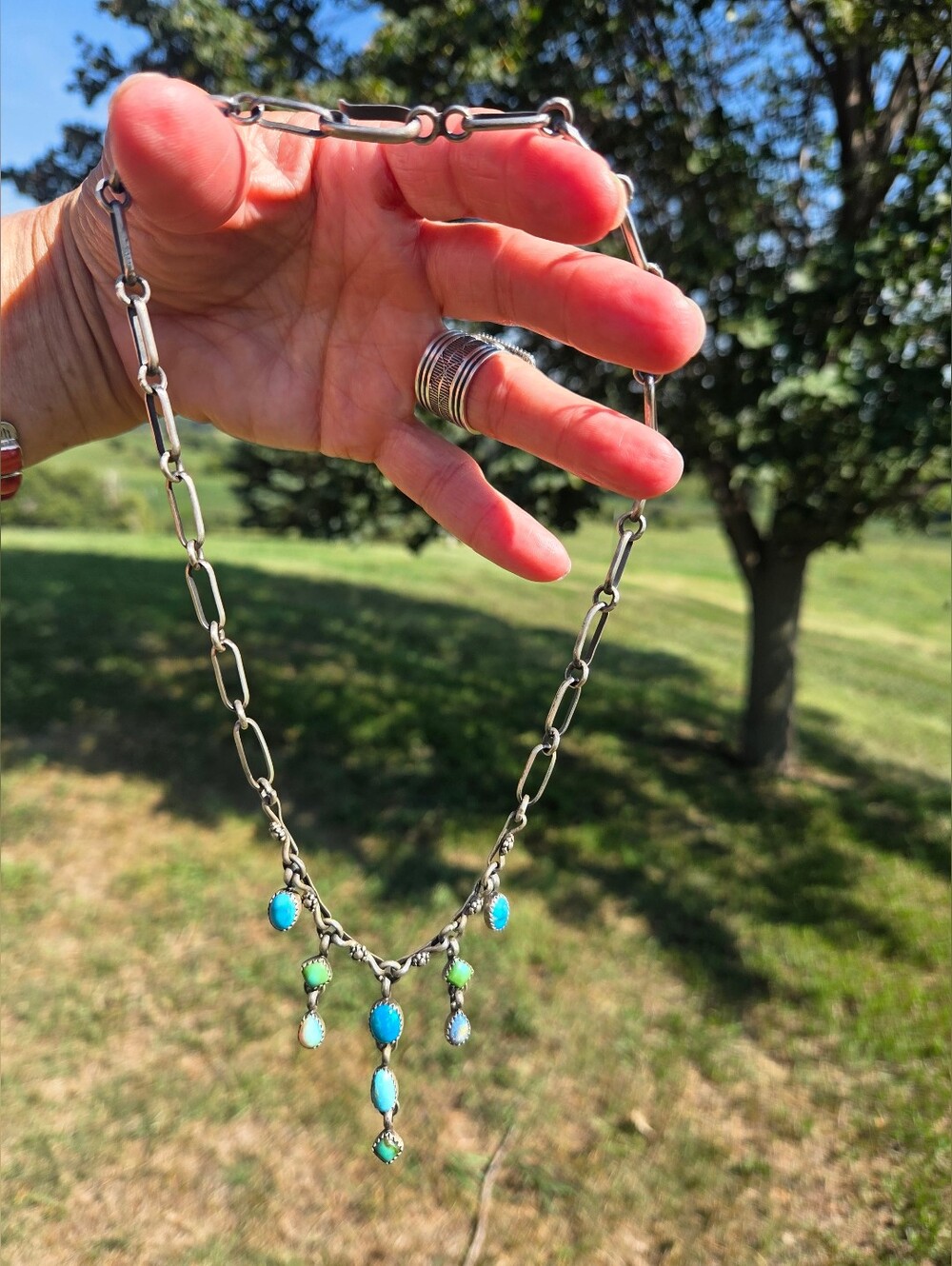 Navajo Brenda Jimenez Turquoise Opal Sterling Drop Pendant Necklace - Picture 3 of 8